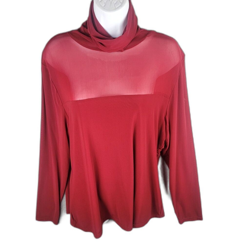 P Luca Milano Turtleneck Blouse Top XL Red Sheer Sexy Crimson Dramatic Timeless